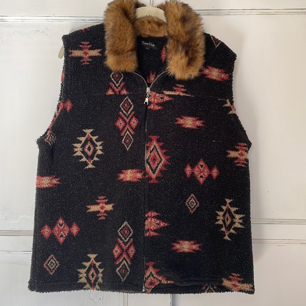 True Grit Real Fur Collar Tonto Vintage Fleece Vest Medium